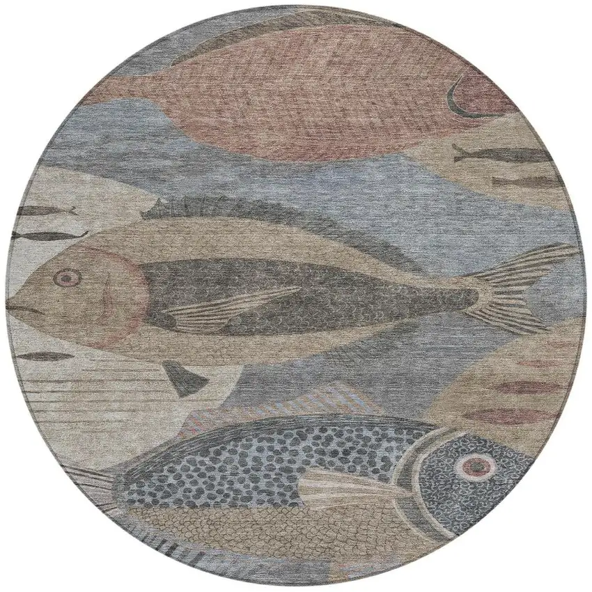 8' Gray And Beige Round Tropical Fish Washable Indoor Outdoor Area Rug Photo 2