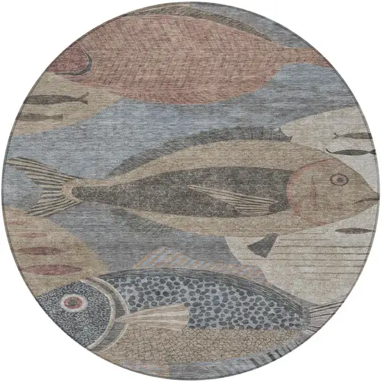 8' Gray And Beige Round Tropical Fish Washable Indoor Outdoor Area Rug Photo 3