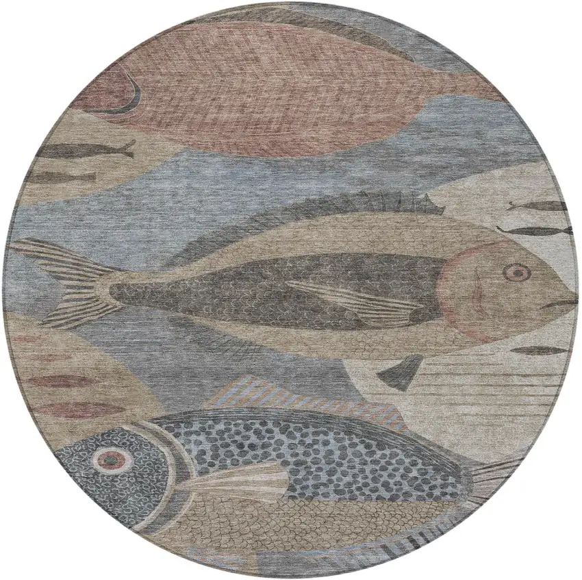 8' Gray And Beige Round Tropical Fish Washable Indoor Outdoor Area Rug Photo 3