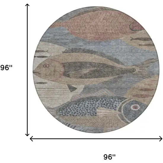 8' Gray And Beige Round Tropical Fish Washable Indoor Outdoor Area Rug Photo 8