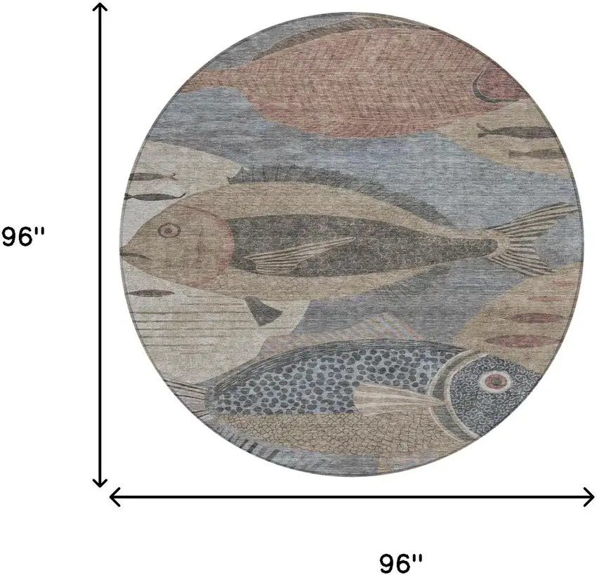 8' Gray And Beige Round Tropical Fish Washable Indoor Outdoor Area Rug Photo 8