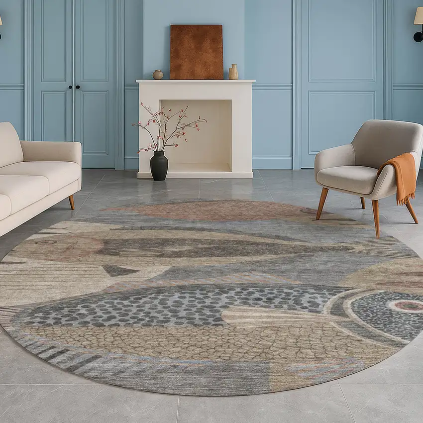 8' Gray And Beige Round Tropical Fish Washable Indoor Outdoor Area Rug Photo 5