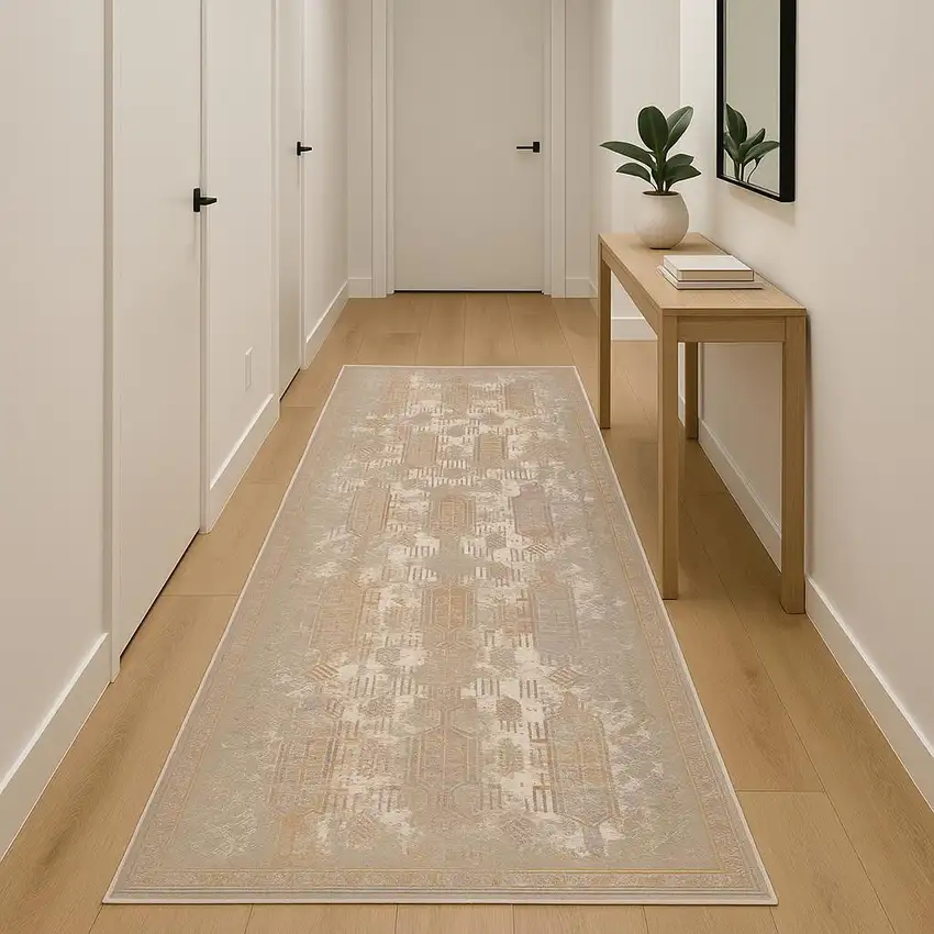 18' Gray And Beige Southwestern Runner Rug Photo 1