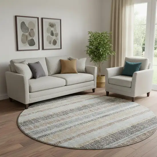 8' Gray And Beige Striped Washable Round Rug With UV Protection Photo 2