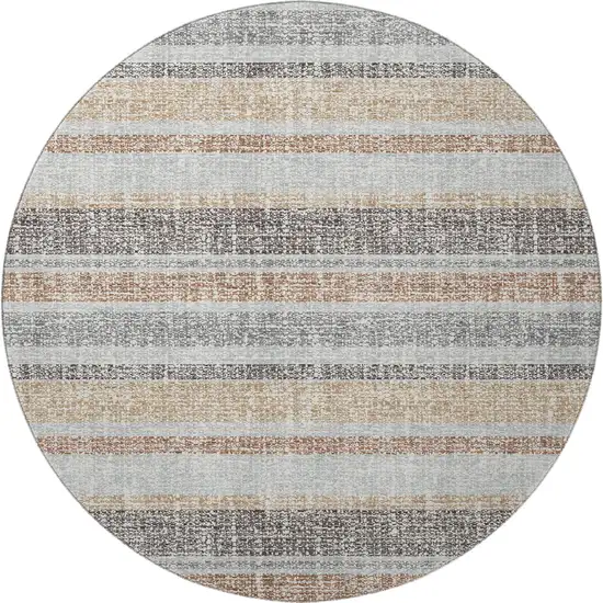 8' Gray And Beige Striped Washable Round Rug With UV Protection Photo 3