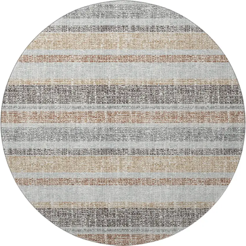 8' Gray And Beige Striped Washable Round Rug With UV Protection Photo 3