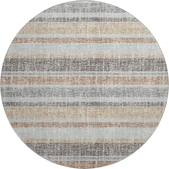 8' Gray And Beige Striped Washable Round Rug With UV Protection Photo 1