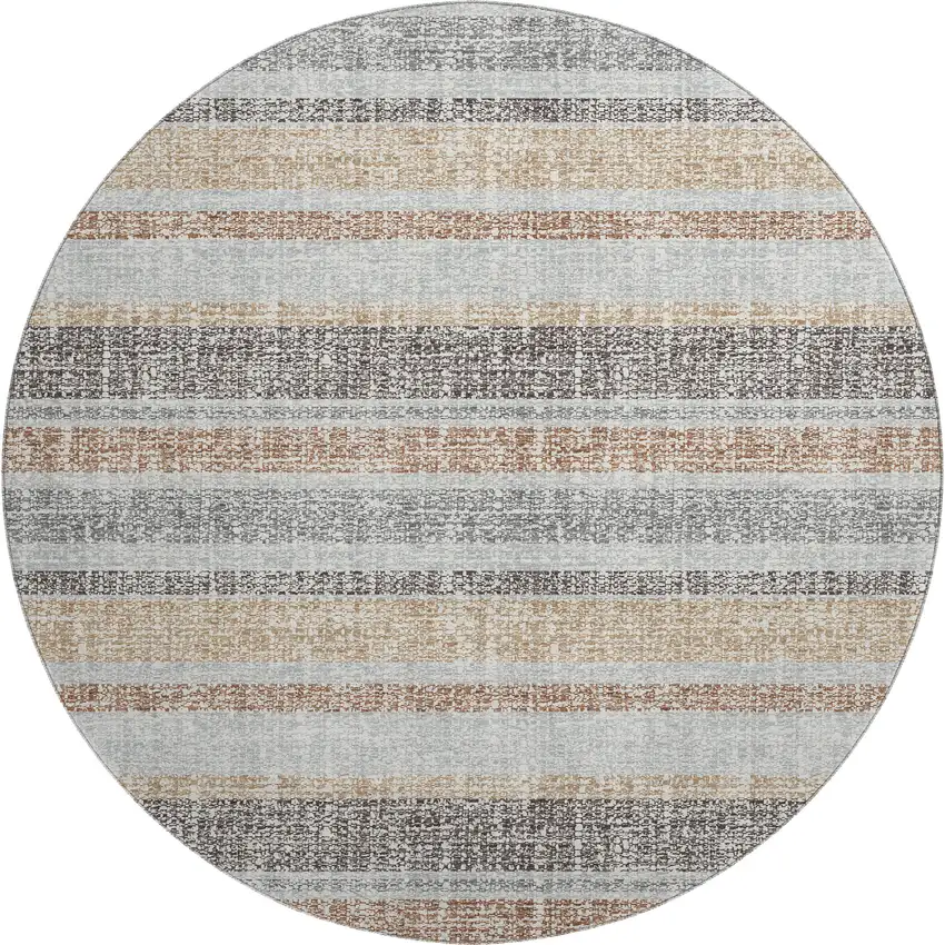 8' Gray And Beige Striped Washable Round Rug With UV Protection Photo 1