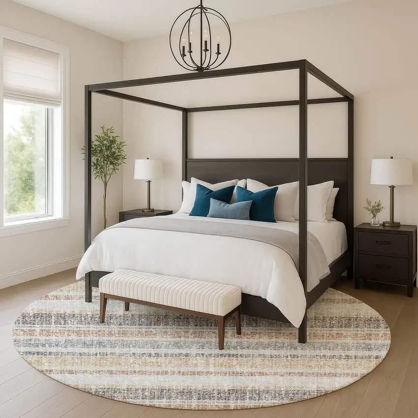 8' Gray And Beige Striped Washable Round Rug With UV Protection Photo 4