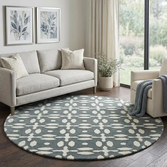 10' Gray And Beige Wool Geometric Hand Tufted Round Rug Photo 1