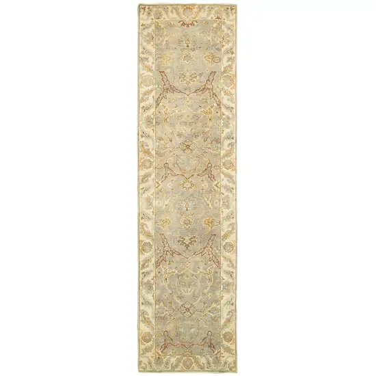 10' Gray And Beige Wool Oriental Hand Knotted Runner Rug Photo 2