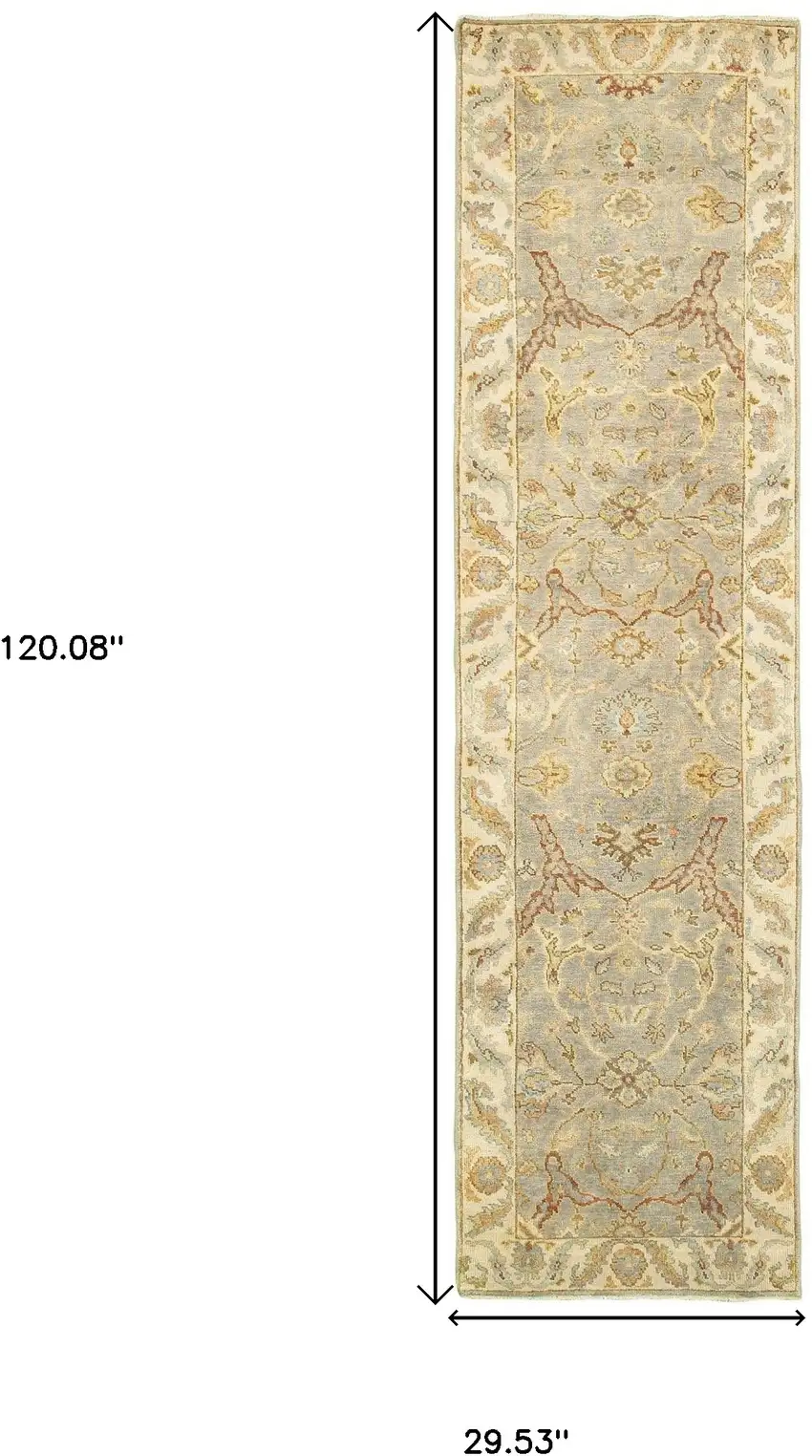 10' Gray And Beige Wool Oriental Hand Knotted Runner Rug Photo 6