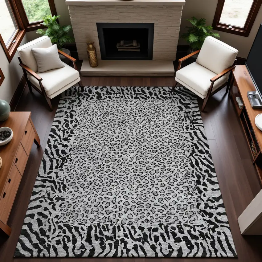 8' Gray And Black Animal Print Washable Area Rug With UV Protection Photo 5