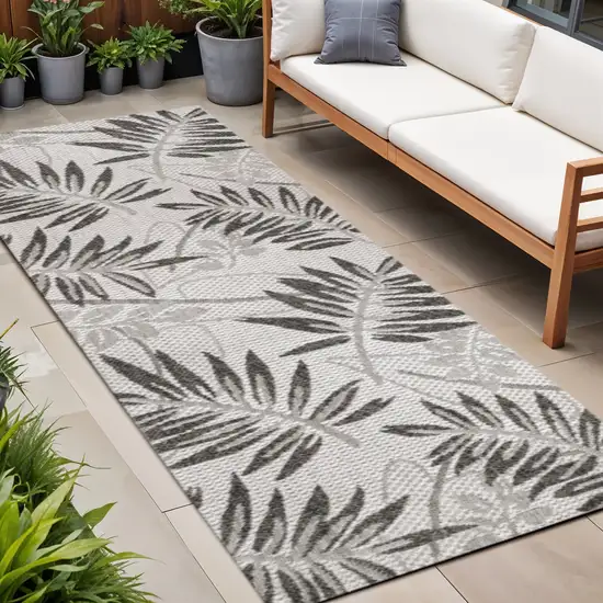 8' Gray And Black Floral Indoor Outdoor Runner Rug Photo 1