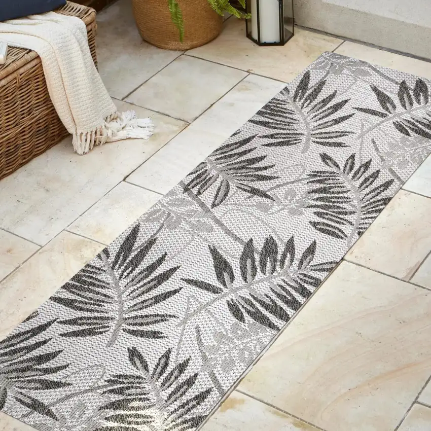 8' Gray And Black Floral Indoor Outdoor Runner Rug Photo 5