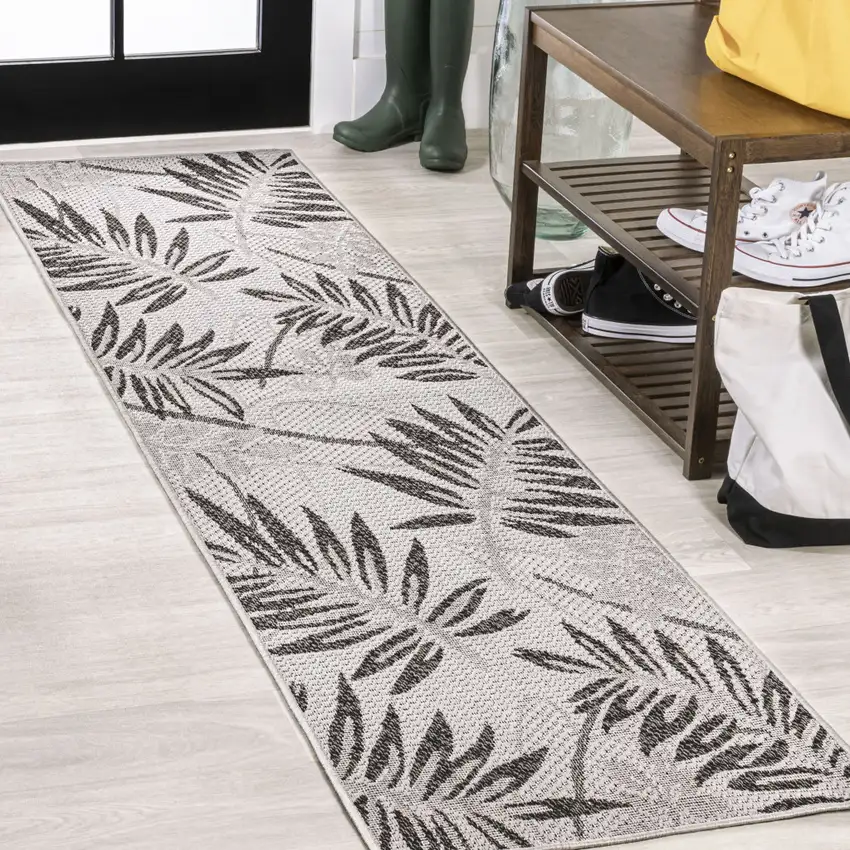 8' Gray And Black Floral Indoor Outdoor Runner Rug Photo 4