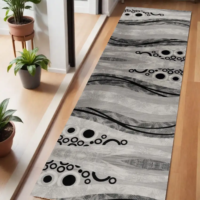 6' Gray And Black Geometric Runner Rug Photo 1