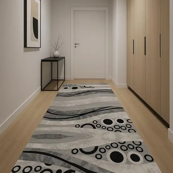 12' Gray And Black Geometric Runner Rug Photo 2