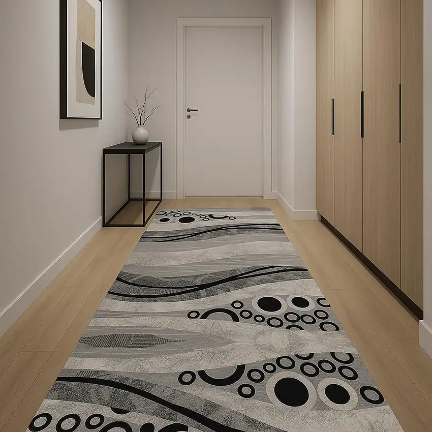 12' Gray And Black Geometric Runner Rug Photo 2