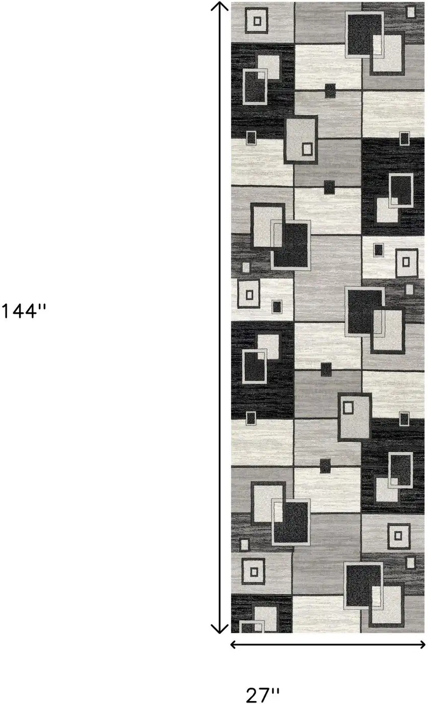 12' Gray And Black Geometric Runner Rug Photo 3