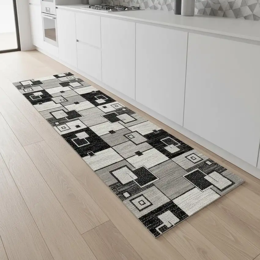 9' Gray And Black Geometric Runner Rug Photo 1