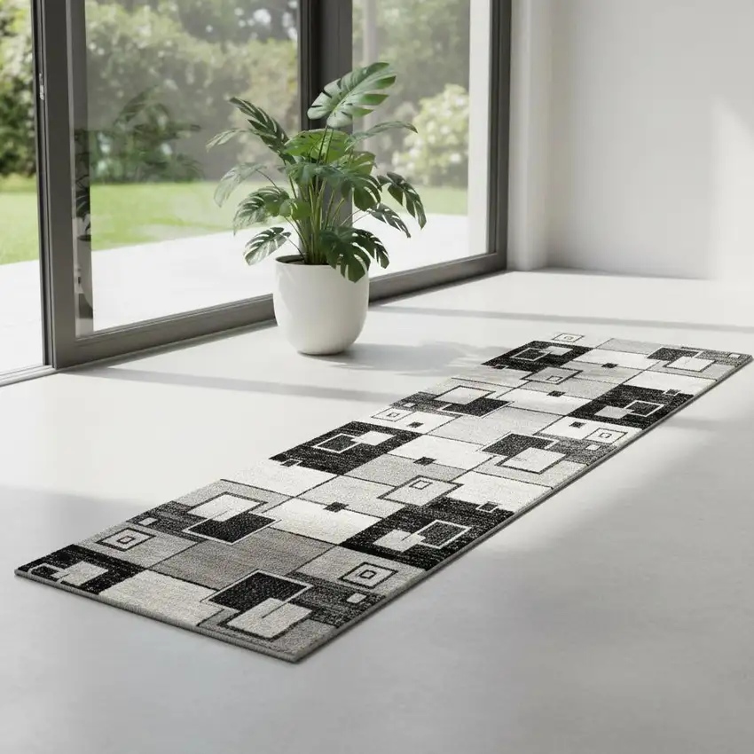7' Gray And Black Geometric Runner Rug Photo 2