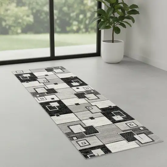 7' Gray And Black Geometric Runner Rug Photo 1
