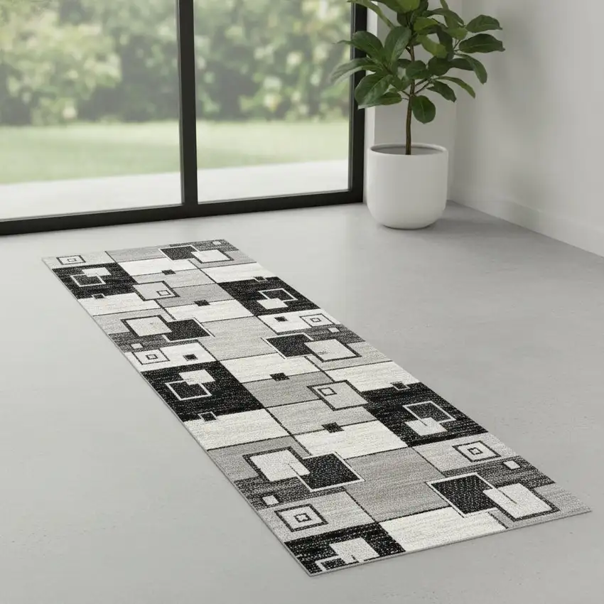 7' Gray And Black Geometric Runner Rug Photo 1