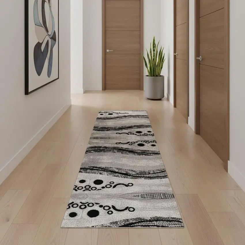 16' Gray And Black Geometric Runner Rug Photo 1