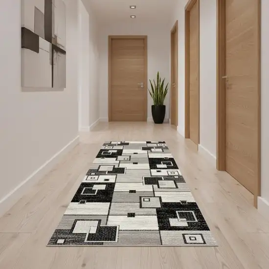 16' Gray And Black Geometric Runner Rug Photo 1