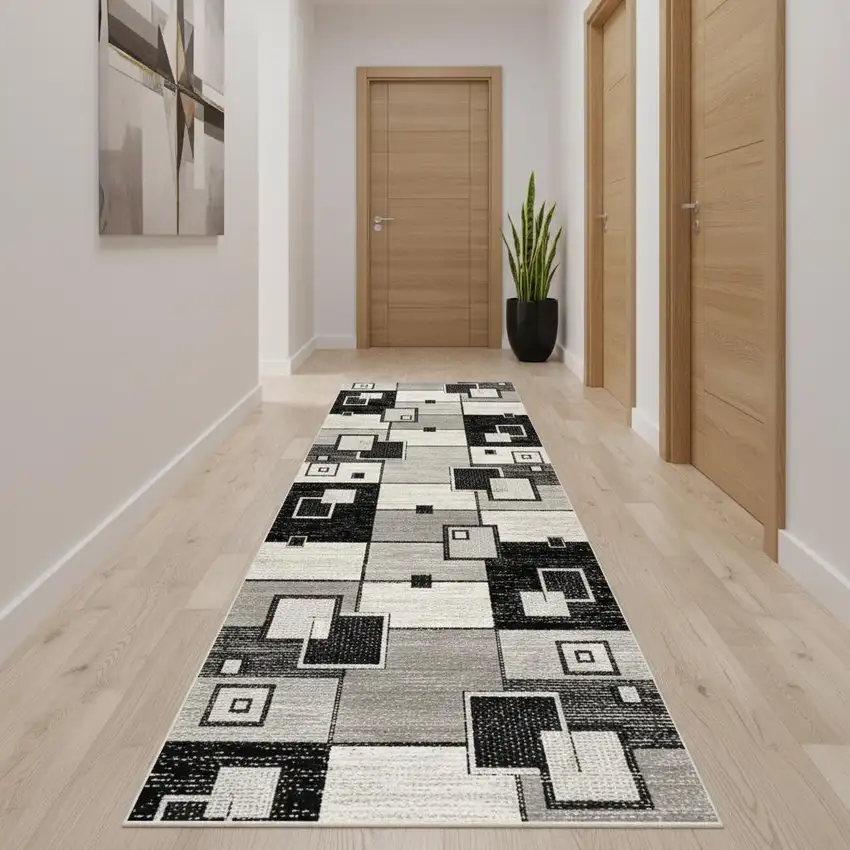 14' Gray And Black Geometric Runner Rug Photo 1