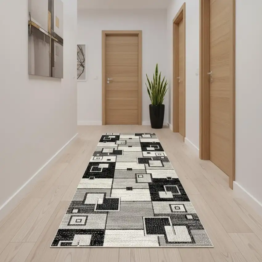 11' Gray And Black Geometric Runner Rug Photo 1