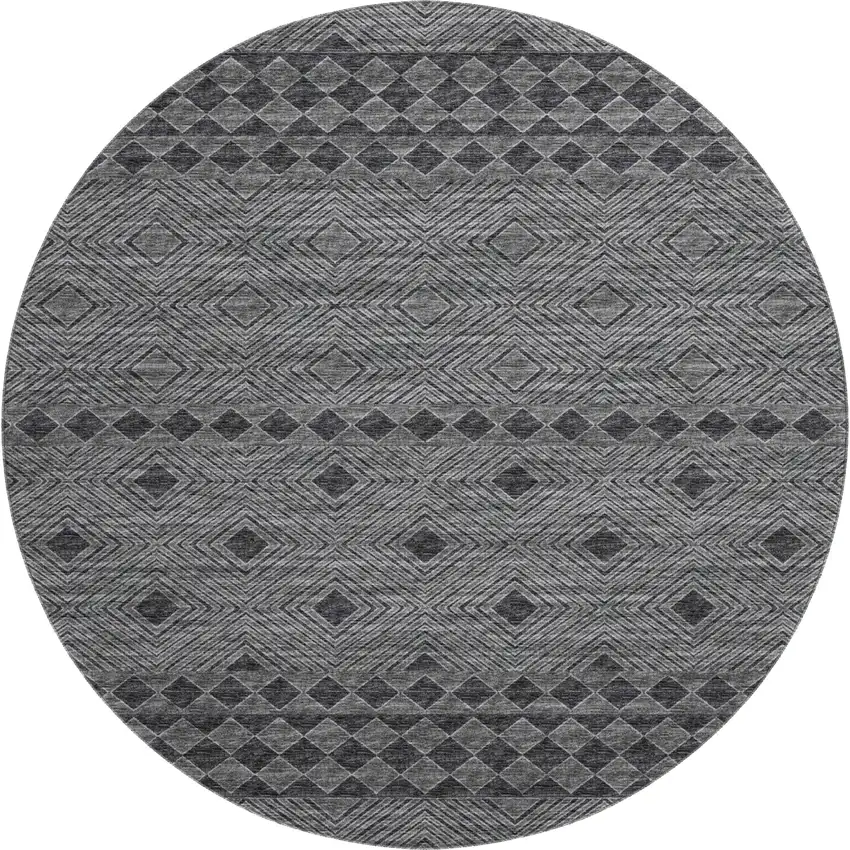 8' Gray And Black Geometric Washable Round Rug With UV Protection Photo 2