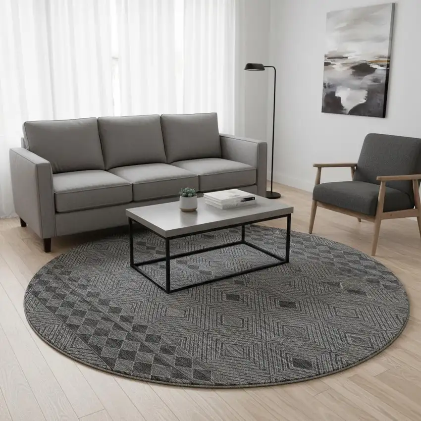 8' Gray And Black Geometric Washable Round Rug With UV Protection Photo 1