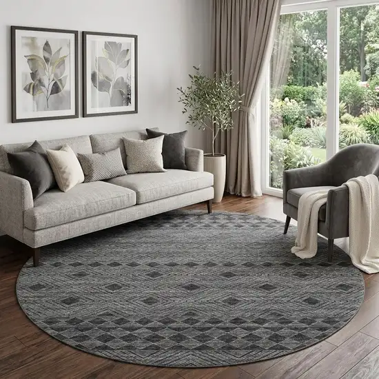 8' Gray And Black Geometric Washable Round Rug With UV Protection Photo 1