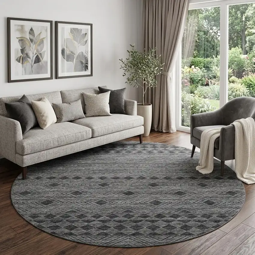 8' Gray And Black Geometric Washable Round Rug With UV Protection Photo 1