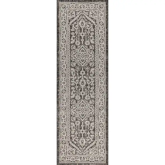 8' Gray And Black Medallion Indoor Outdoor Runner Rug Photo 3