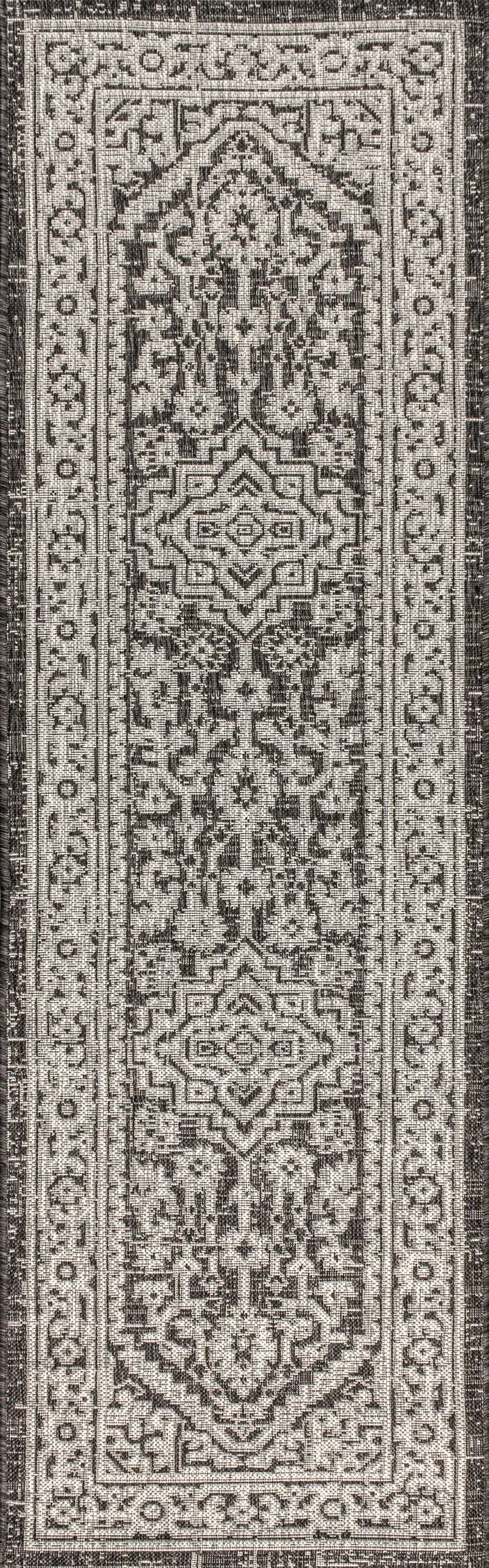 8' Gray And Black Medallion Indoor Outdoor Runner Rug Photo 3