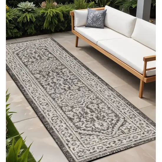 8' Gray And Black Medallion Indoor Outdoor Runner Rug Photo 1