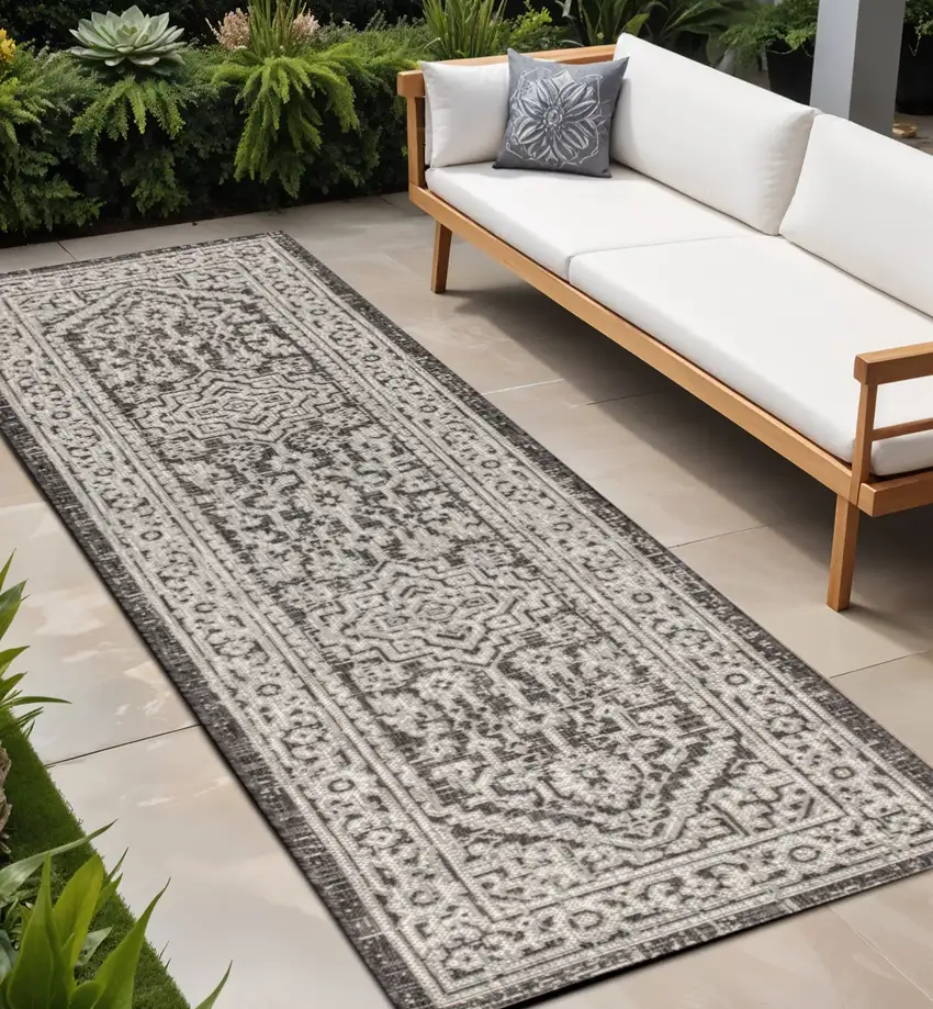 8' Gray And Black Medallion Indoor Outdoor Runner Rug Photo 1