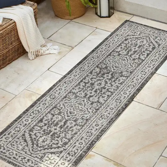 8' Gray And Black Medallion Indoor Outdoor Runner Rug Photo 5