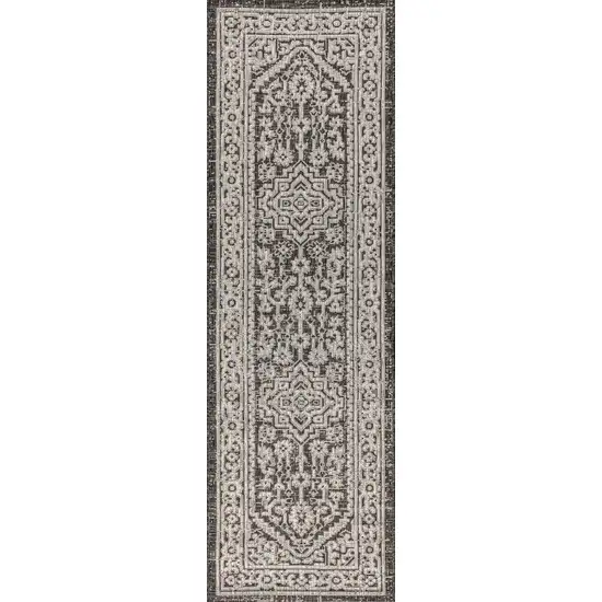 8' Gray And Black Medallion Indoor Outdoor Runner Rug Photo 1