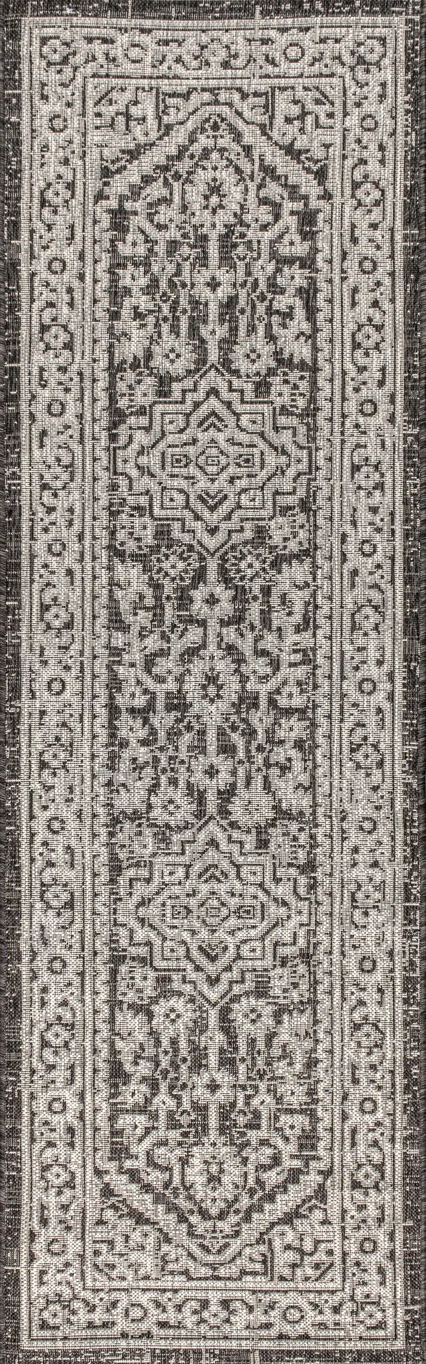 8' Gray And Black Medallion Indoor Outdoor Runner Rug Photo 1