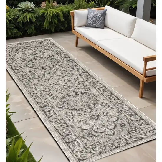 8' Gray And Black Medallion Indoor Outdoor Runner Rug Photo 1