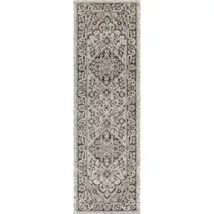 Photo of 8' Gray And Black Medallion Indoor Outdoor Runner Rug