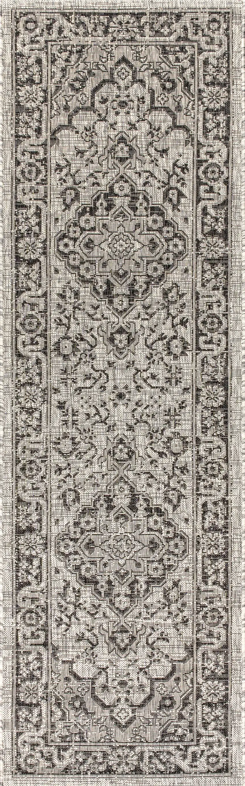 8' Gray And Black Medallion Indoor Outdoor Runner Rug Photo 1