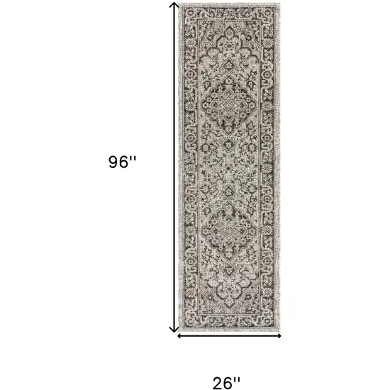 8' Gray And Black Medallion Indoor Outdoor Runner Rug Photo 6