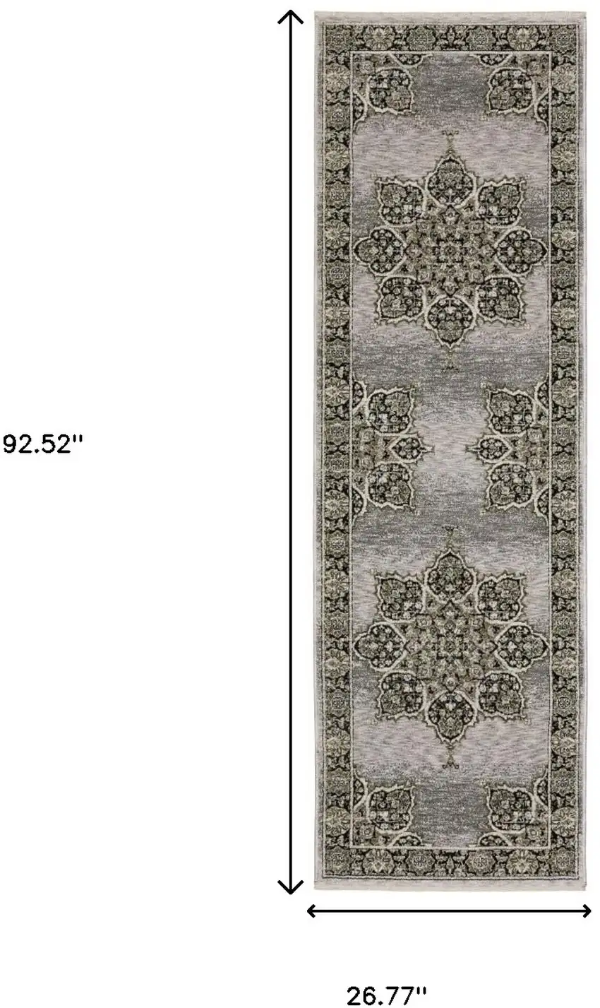 8' Gray And Black Medallion Runner Rug With Fringe Photo 3