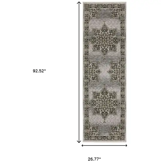 8' Gray And Black Medallion Runner Rug With Fringe Photo 3