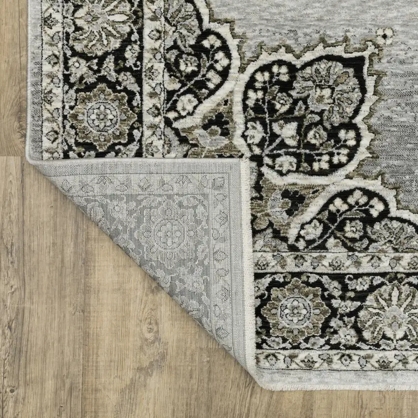 8' Gray And Black Medallion Runner Rug With Fringe Photo 9